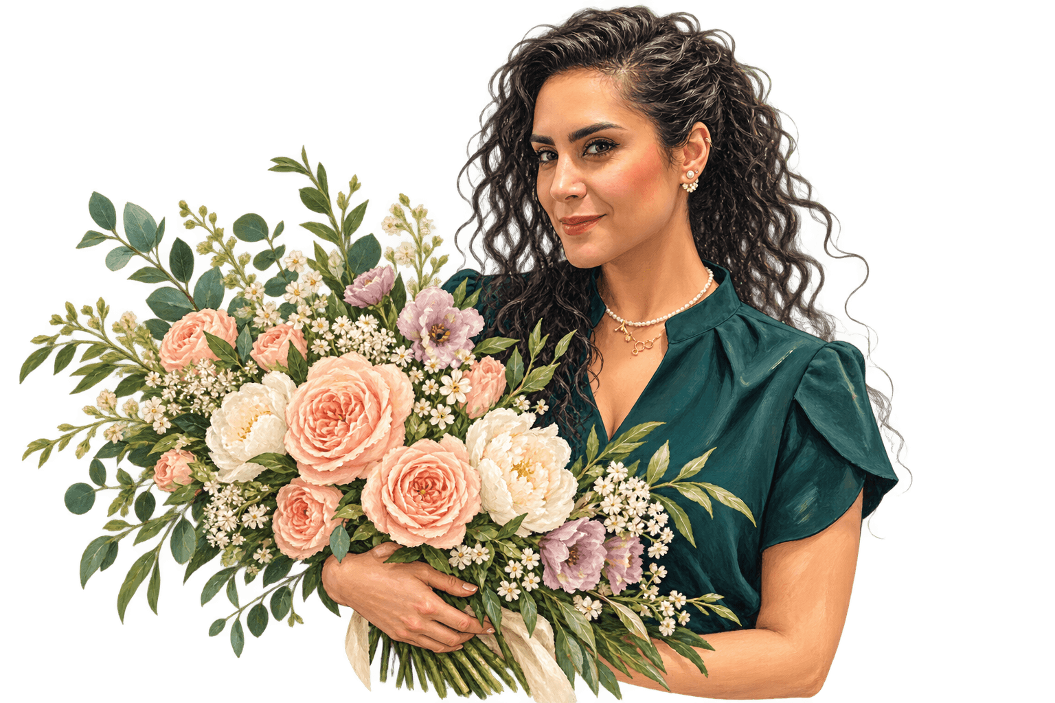 A florist holding a blush, ivory, and lilac bouquet