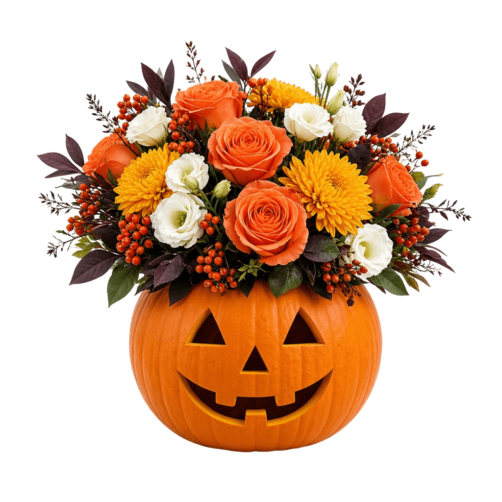 Jack-o'-lantern pumpkin filled with orange roses, yellow mums, and autumn berries